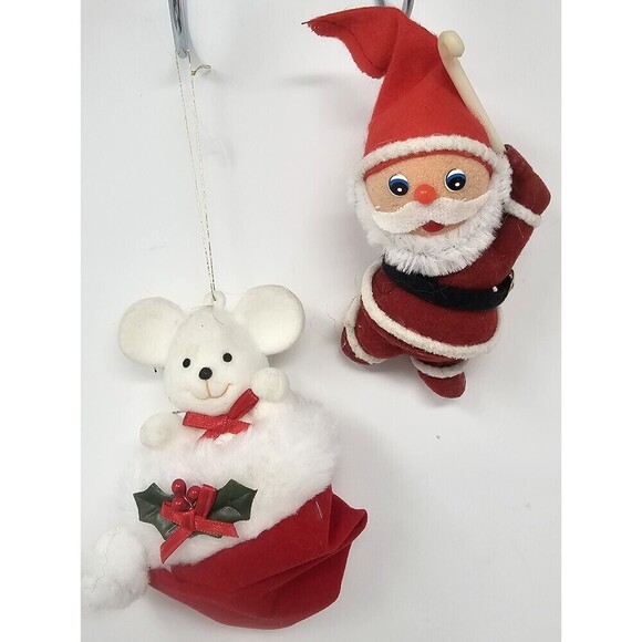 Unknown Other - Lot of 2 Vintage Flocked Felt Mouse & Santa Christmas Tree Ornaments 4.5"